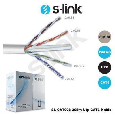 S-LINK SL-CAT608 CAT6 305m 24AWG UTP 4P*0.50MM CAT6 CCA GRİ NETWORK KABLOSU