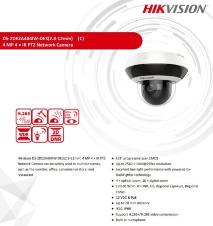 HIKVISION 2A404 4MP 4X İç Ortam DarkFighter IR IP PTZ Kamera