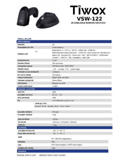 Tiwox VSW-122  2D USB Kablosuz (Wi-Fi +Batarya+Cradle) Barkod Okuyucu