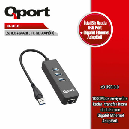 Qport 3 Port Usb Çoklayıcı + RJ45 Ethernet Hub (Q-U3G)