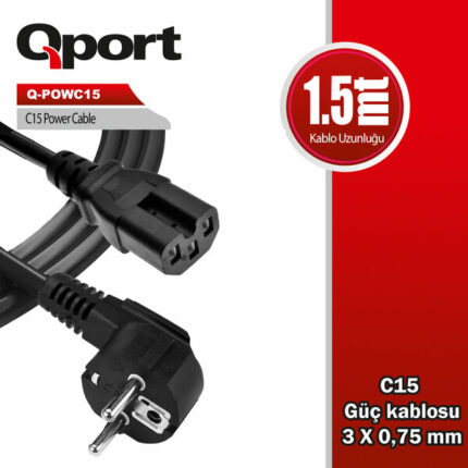 Qport 1.5 Metre C15 Güç Kablosu (Q-POWC15)