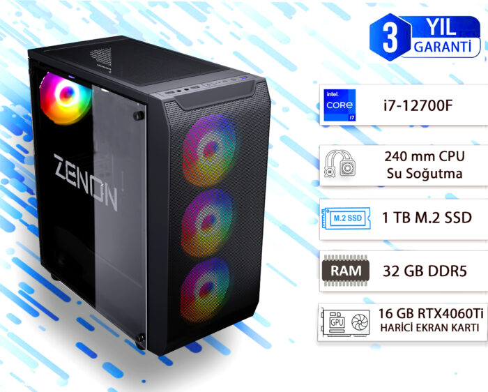 ZENON GAMING PRO ZG-116-2 i7-12700F 32GB 1TB SSD 16GB RTX4060Ti DOS Masaüstü PC (3 Yıl Garanti) Wifi + BT