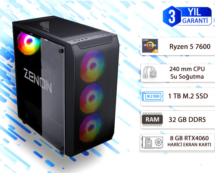 ZENON GAMING PRO ZG-135 Ryzen 5 7600 32GB 1TB SSD 8gb RTX4060 DOS Masaüstü PC (3 Yıl Garanti) Wifi + BT