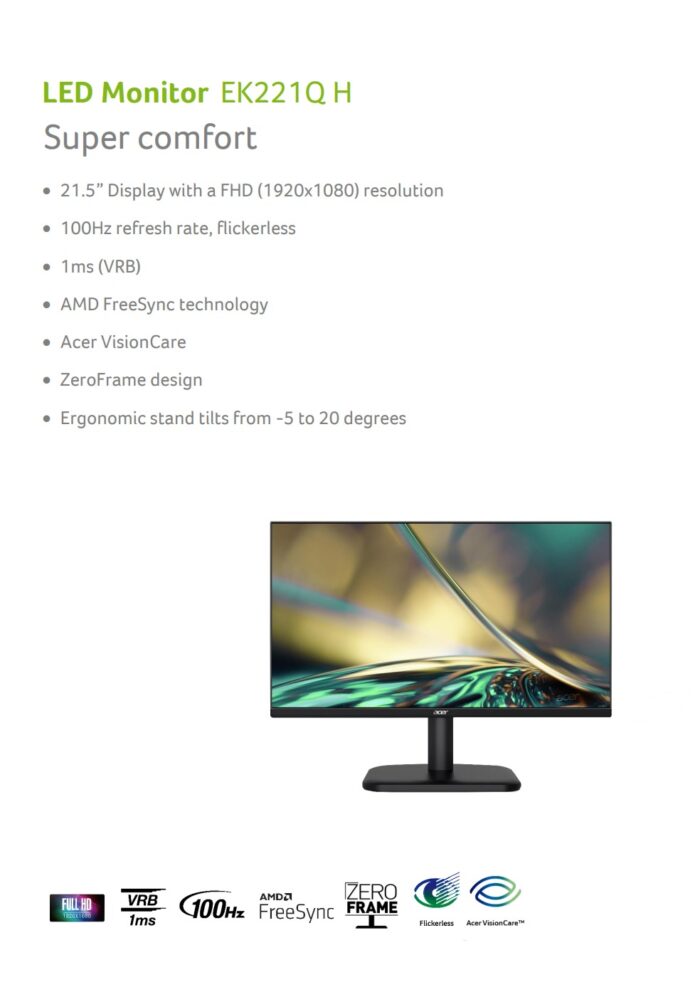 21.5" Acer K221QHbi 1Ms 100Hz FHD HDMI VGA Vesa  [UM.WE1EE.H01]